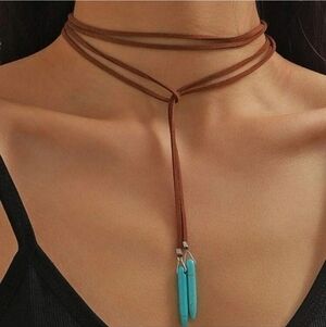 Free People Turquoise Leather Wrap Necklace